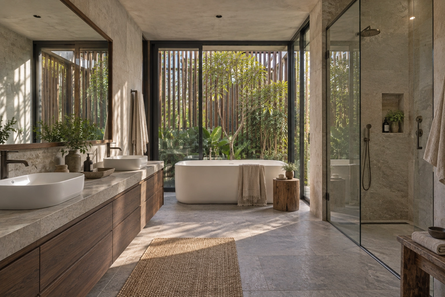 Biệt thự Tĩnh Thủy – không gian nghỉ dưỡng bên hồ — Cụm lavabo đôi và bảng màu trung tính nối tiếp ngôn ngữ nội thất của khu nghỉ.