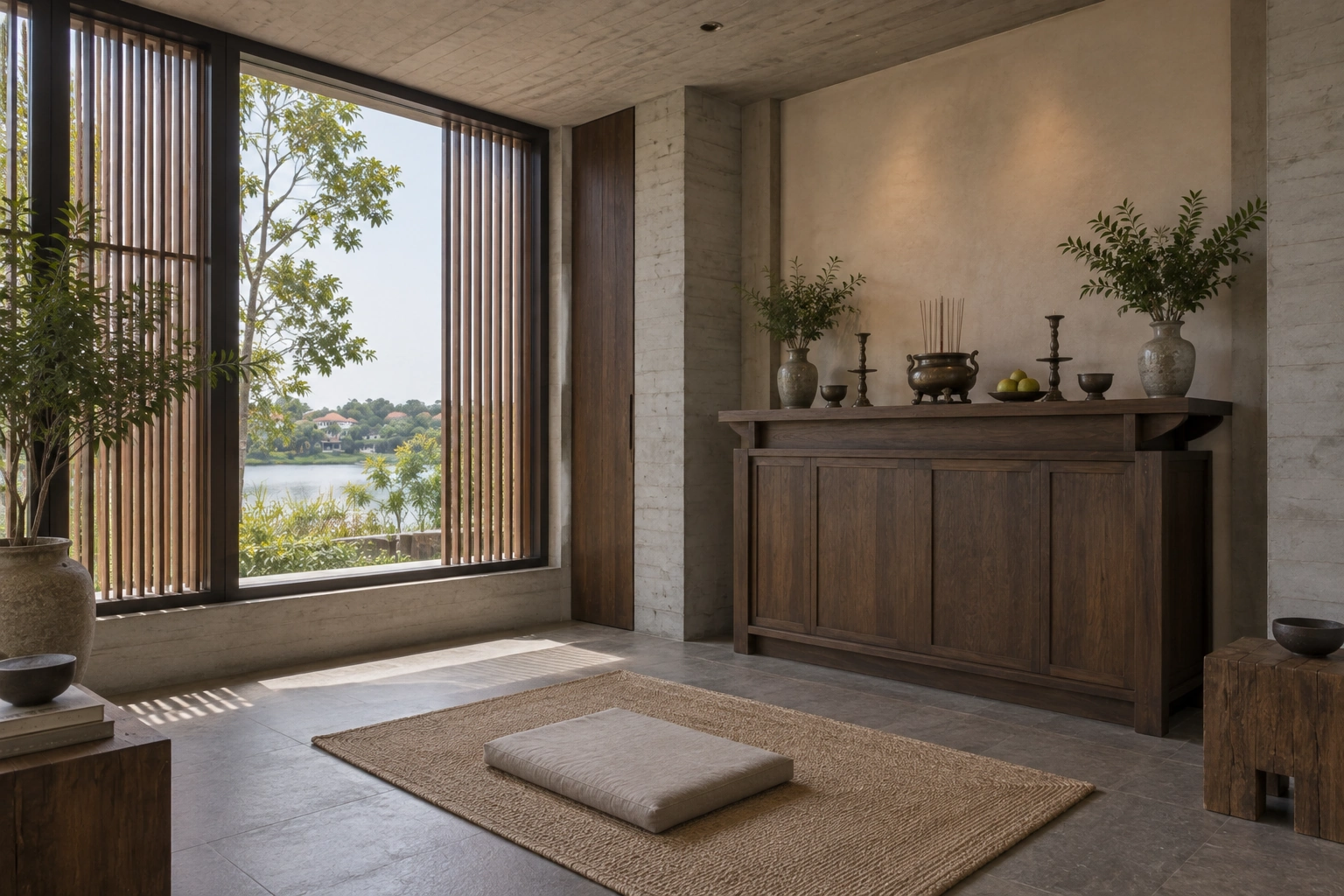 Biệt thự Tĩnh Thủy – không gian nghỉ dưỡng bên hồ — Gỗ trầm và bố cục trang nghiêm tạo một khoảng tĩnh riêng trong ngôi nhà nghỉ dưỡng.
